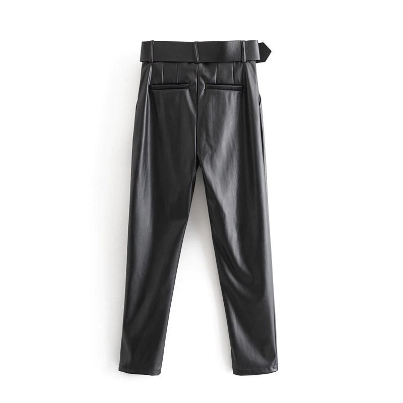 High Waist Pockets PU Faux Leather Pants Mssza
