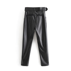 High Waist Pockets PU Faux Leather Pants Mssza