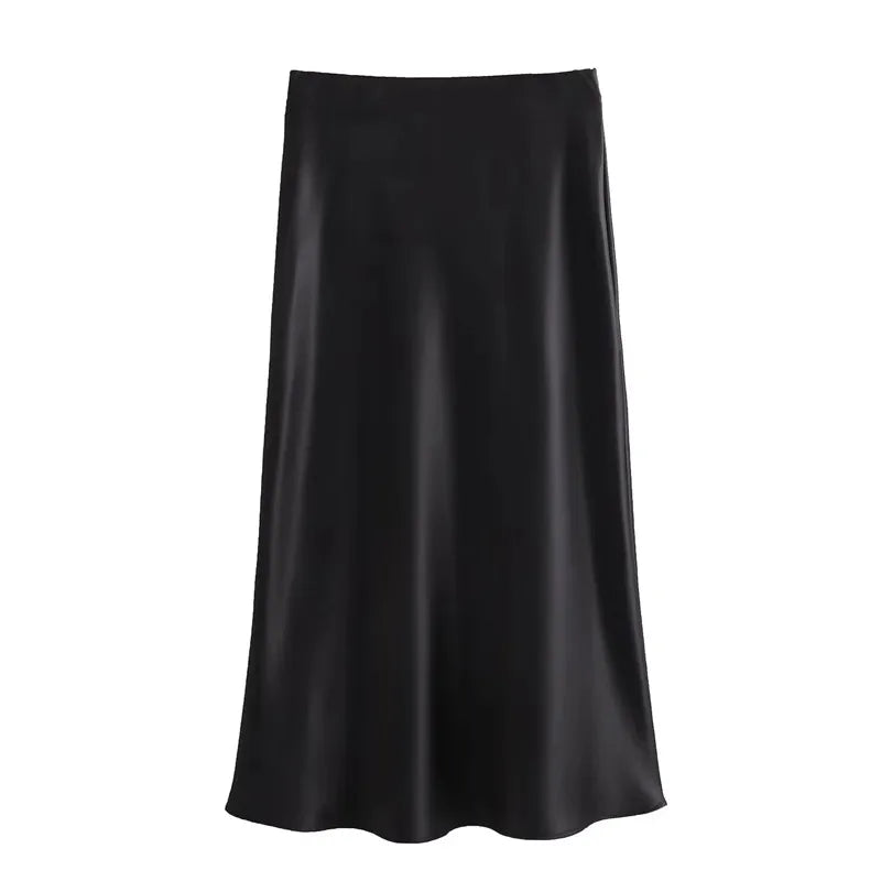 High Waist Satin Elegant And Vintage Office Beautiful Midi Skirts Mssza
