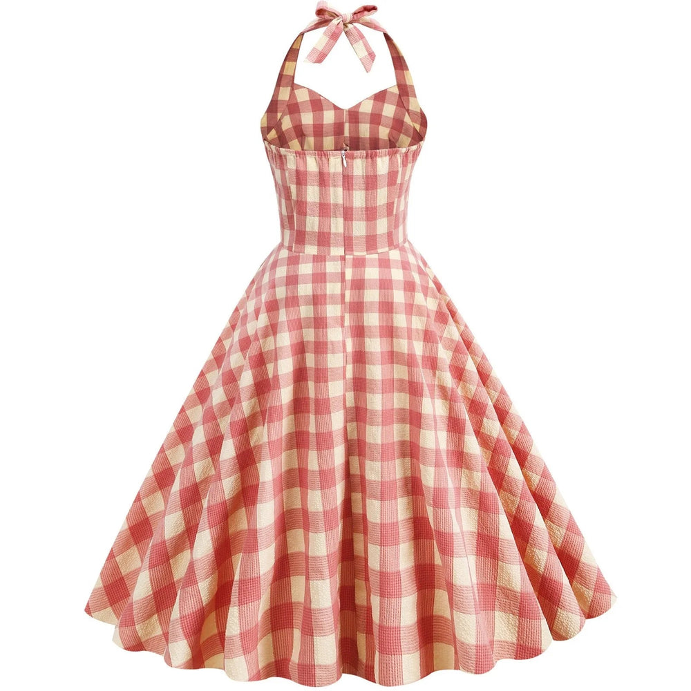 High Waisted Plaid Cocktail Backless  Vintage Strapless Retro Dress Mssaz Desses