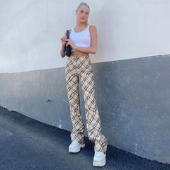 High Waisted Plaid Pattern Slim Straight-Leg Pants Mssza