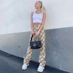 High Waisted Plaid Pattern Slim Straight-Leg Pants Mssza