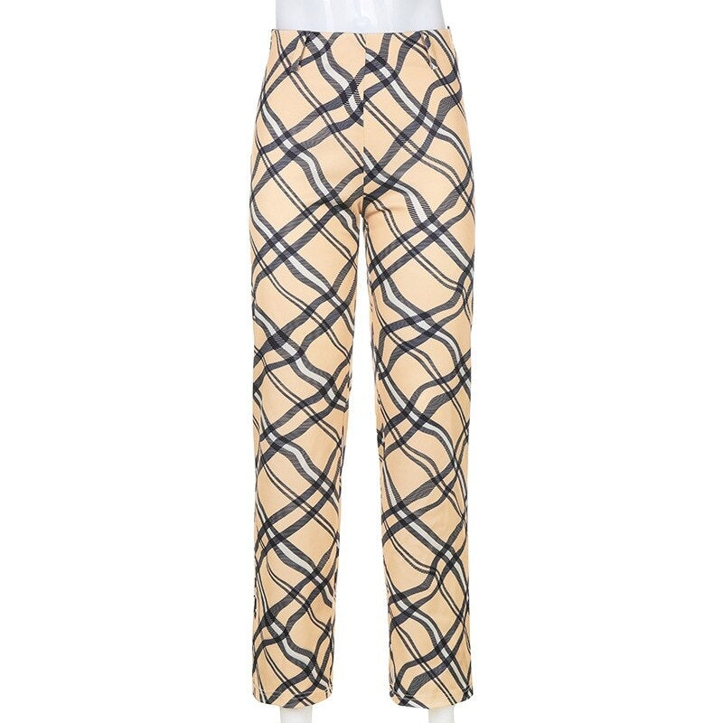 High Waisted Plaid Pattern Slim Straight-Leg Pants Mssza