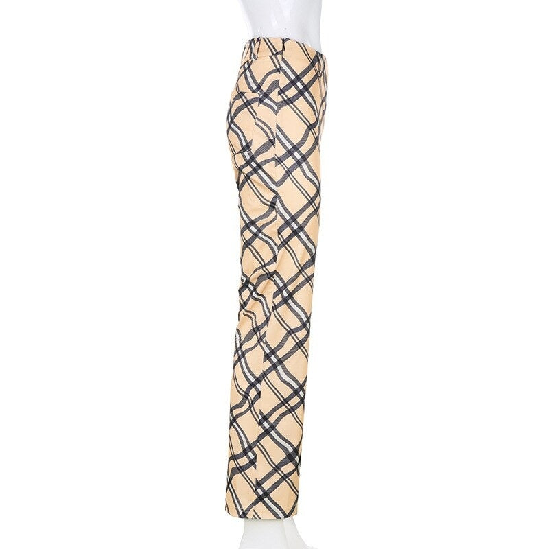 High Waisted Plaid Pattern Slim Straight-Leg Pants Mssza