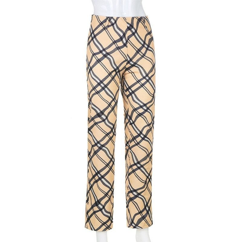 High Waisted Plaid Pattern Slim Straight-Leg Pants Mssza
