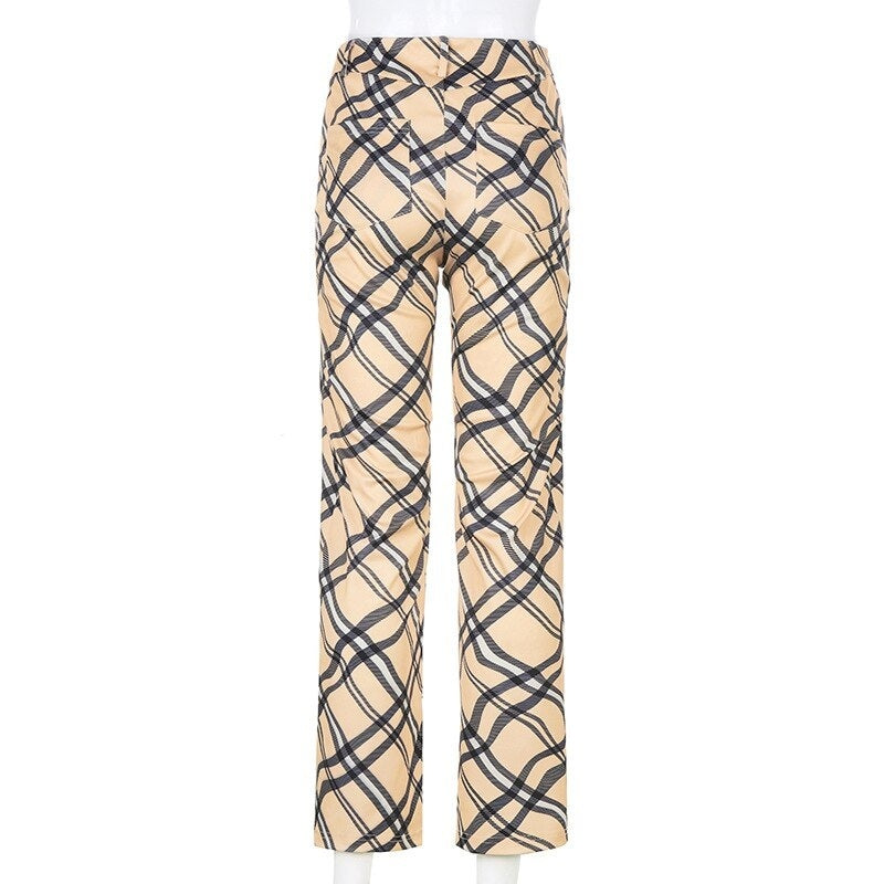 High Waisted Plaid Pattern Slim Straight-Leg Pants Mssza