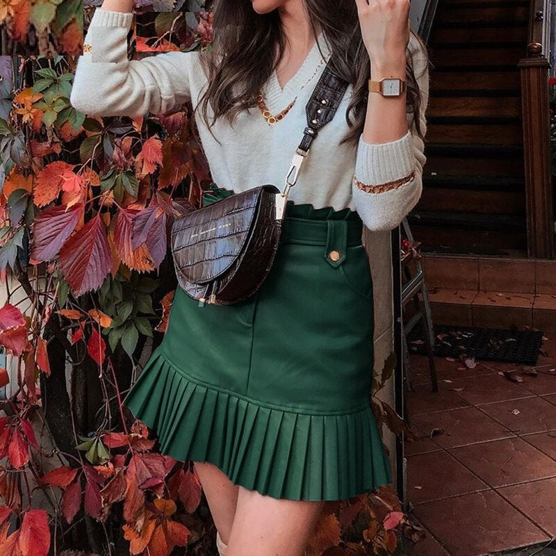High Wasit Belt PU Leather Skirts Mssza
