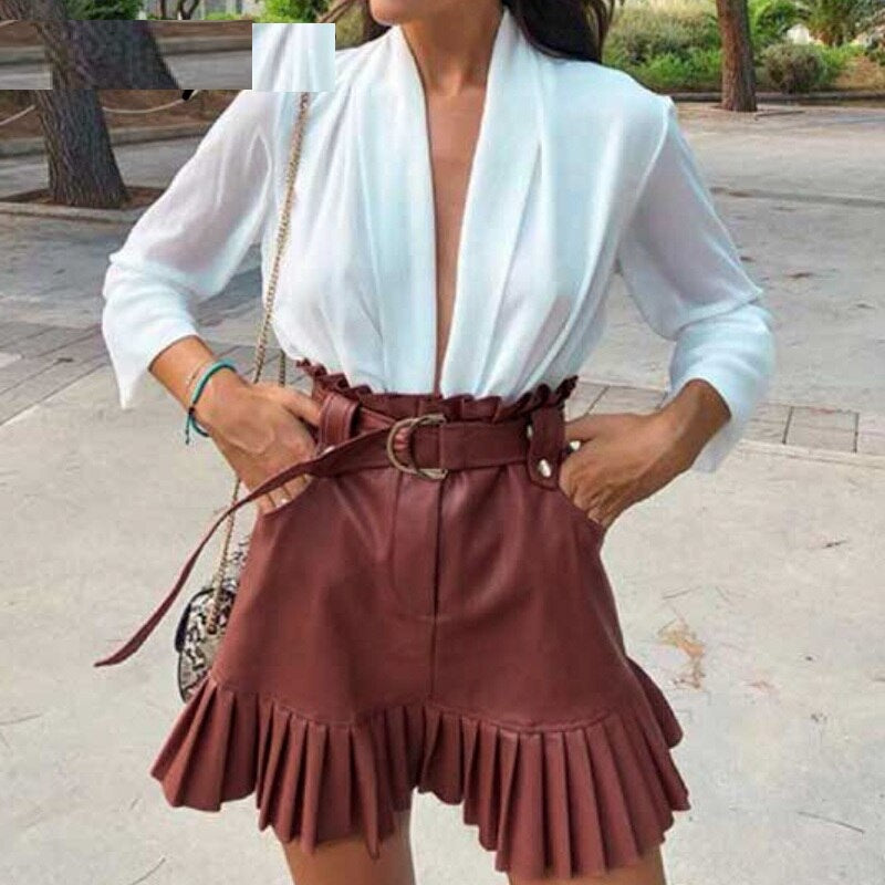 High Wasit Belt PU Leather Skirts Mssza