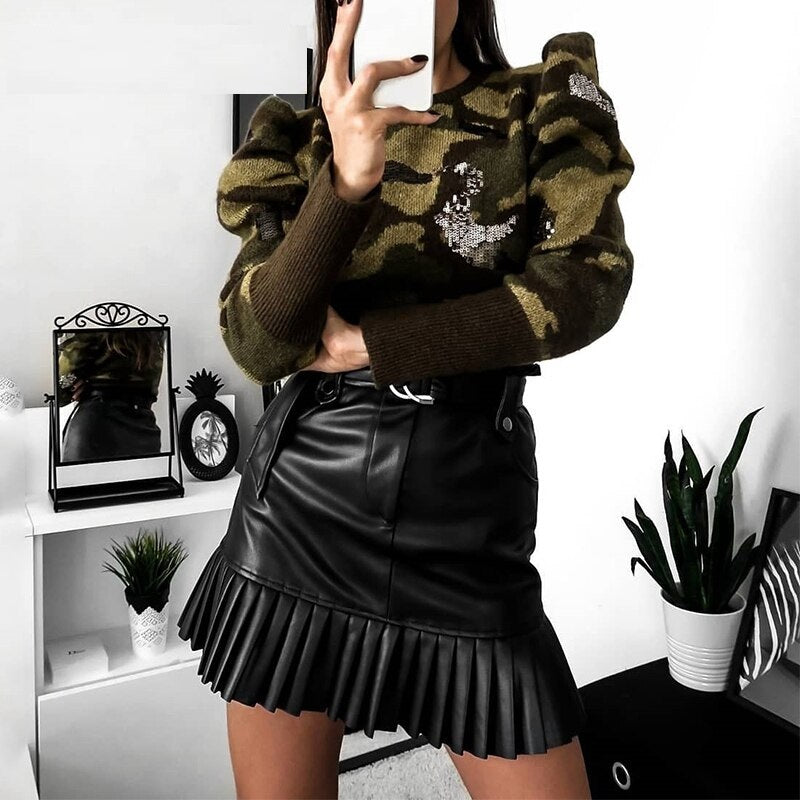 High Wasit Belt PU Leather Skirts Mssza