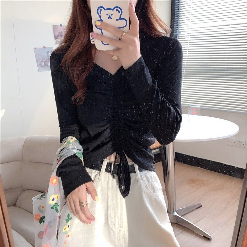 High waist V-neck drawstring short slim T-shirt Mssza
