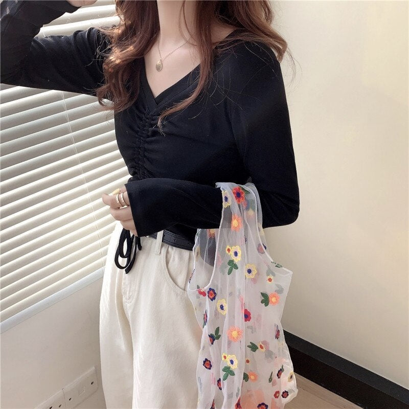 High waist V-neck drawstring short slim T-shirt Mssza