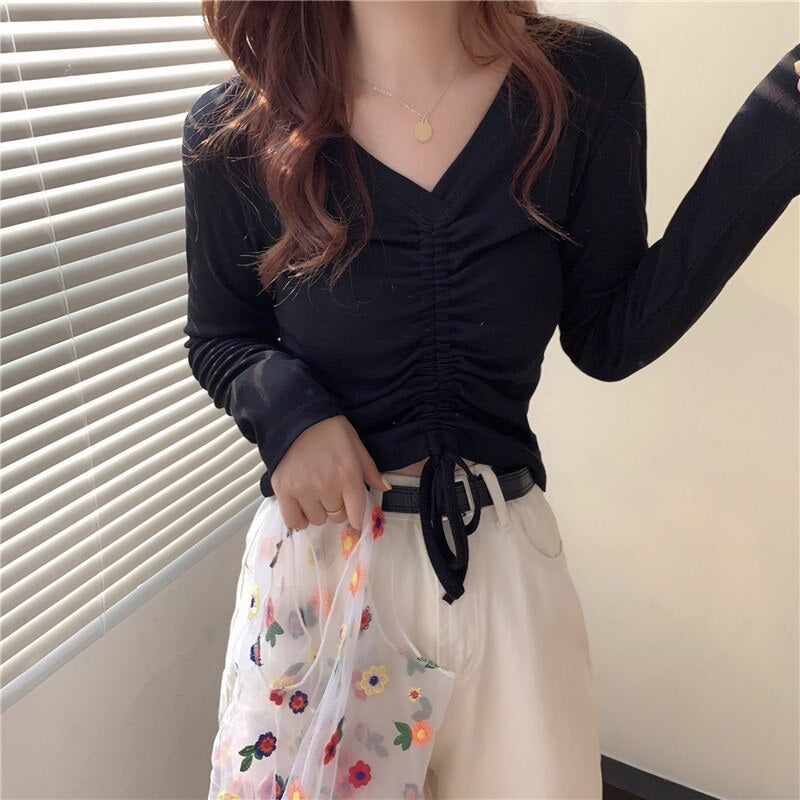 High waist V-neck drawstring short slim T-shirt Mssza
