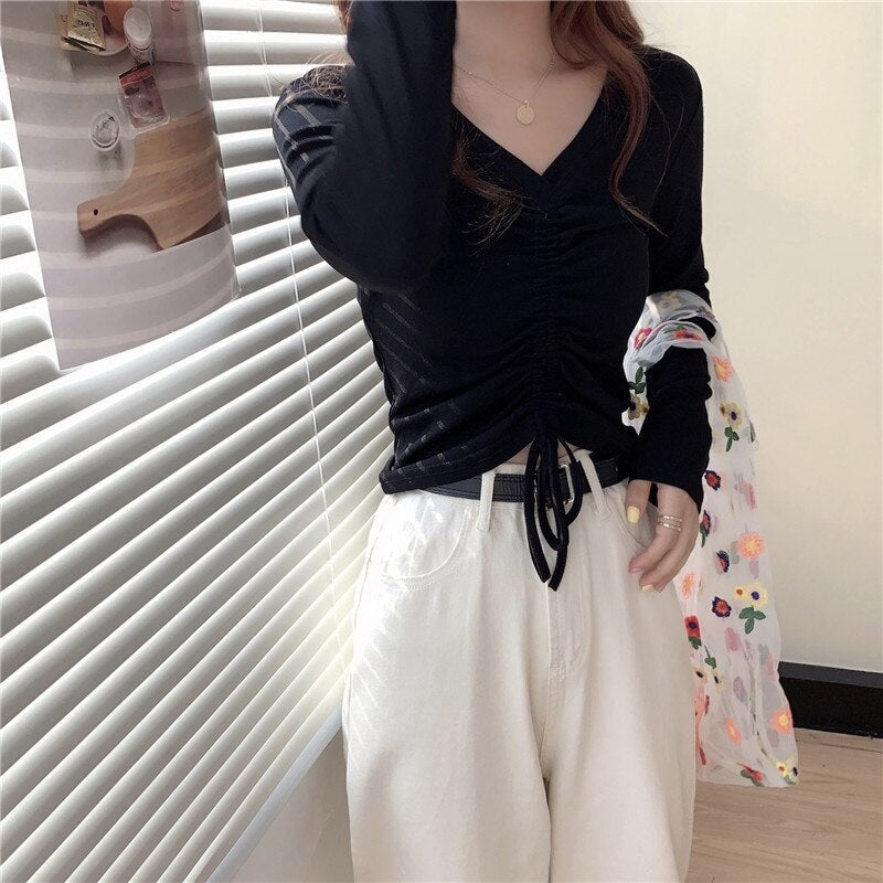 High waist V-neck drawstring short slim T-shirt Mssza