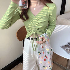 High waist V-neck drawstring short slim T-shirt Mssza