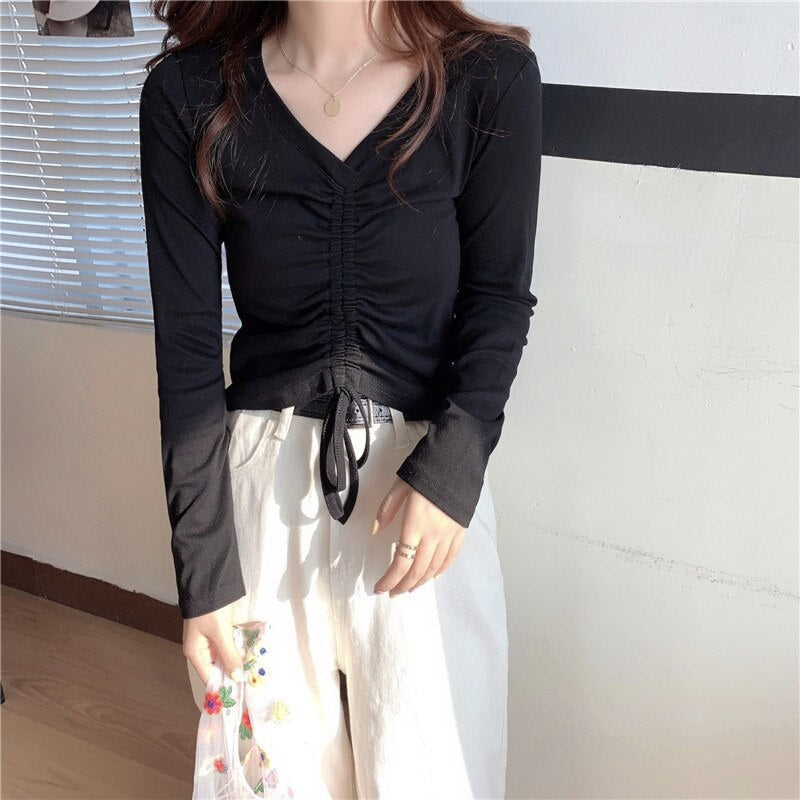 High waist V-neck drawstring short slim T-shirt Mssza