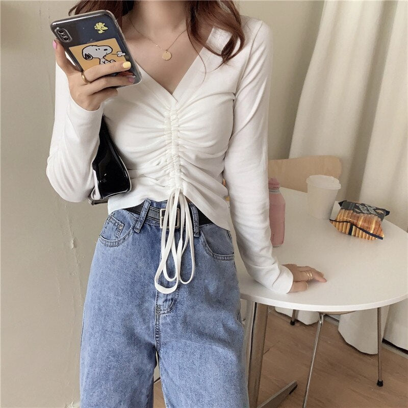 High waist V-neck drawstring short slim T-shirt Mssza