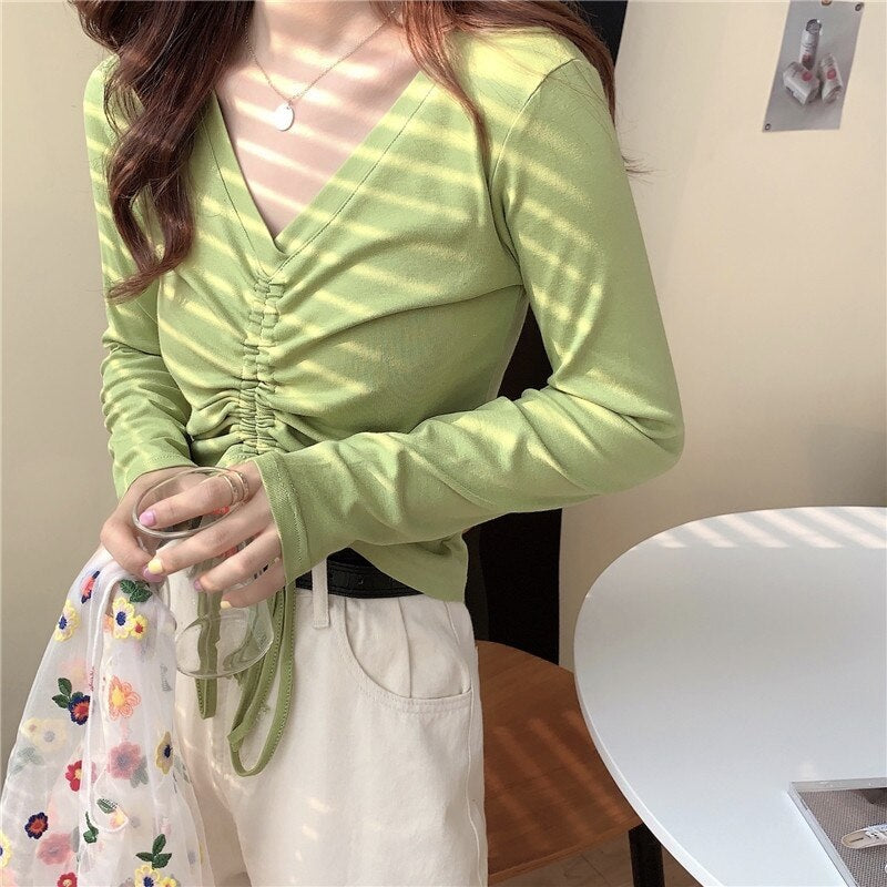 High waist V-neck drawstring short slim T-shirt Mssza