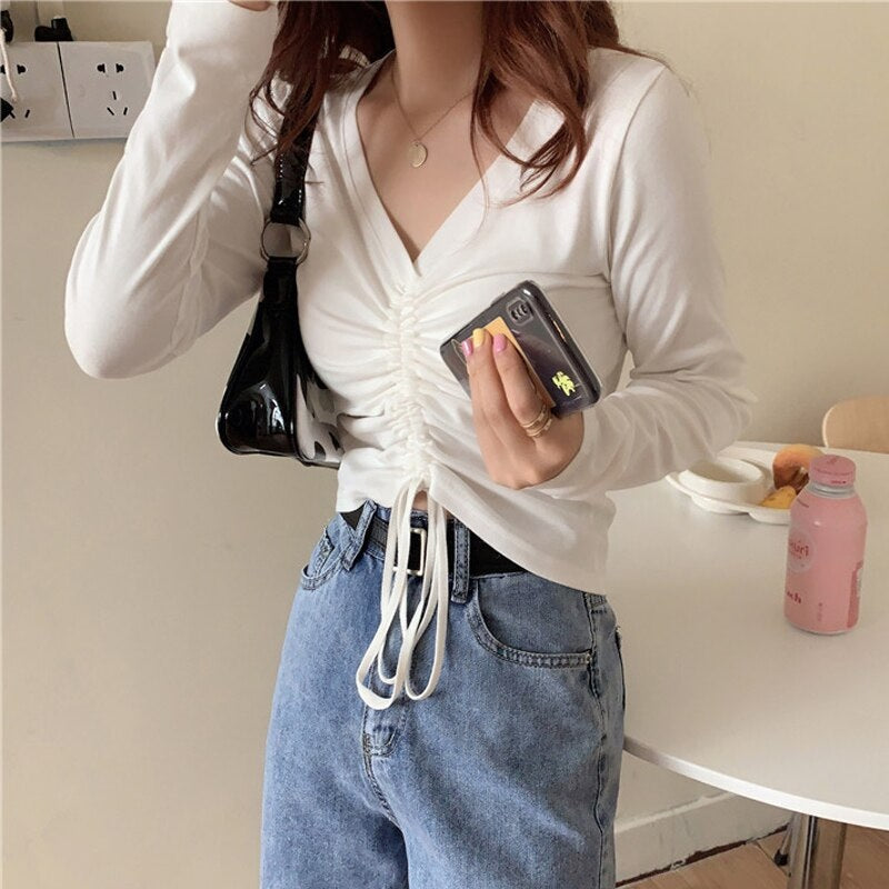 High waist V-neck drawstring short slim T-shirt Mssza
