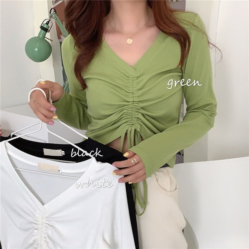High waist V-neck drawstring short slim T-shirt Mssza