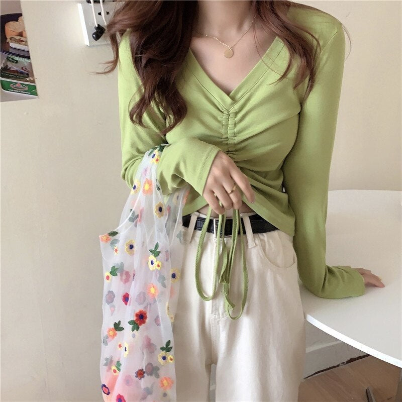 High waist V-neck drawstring short slim T-shirt Mssza