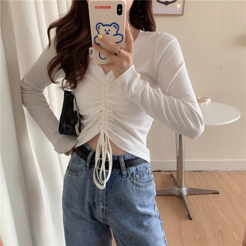 High waist V-neck drawstring short slim T-shirt Mssza