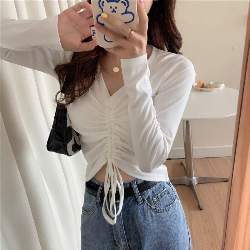 High waist V-neck drawstring short slim T-shirt Mssza
