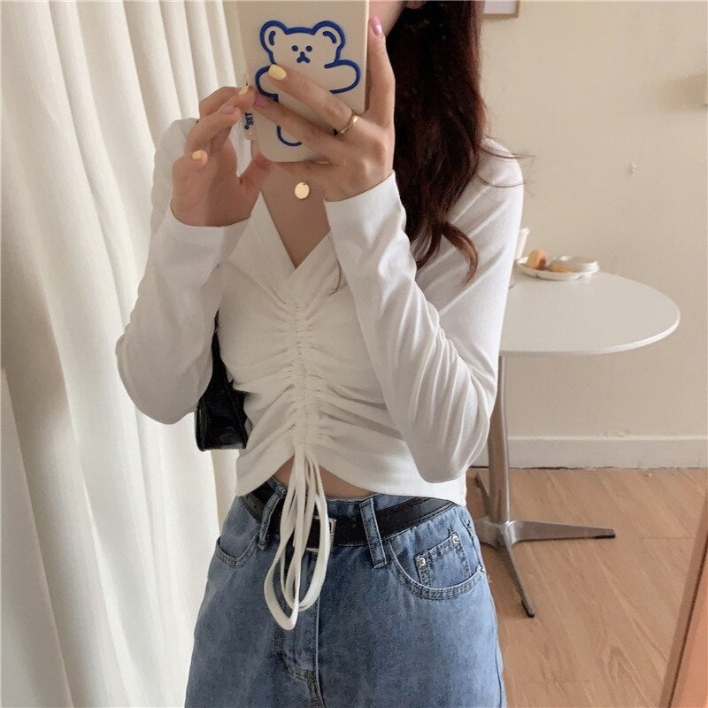High waist V-neck drawstring short slim T-shirt Mssza