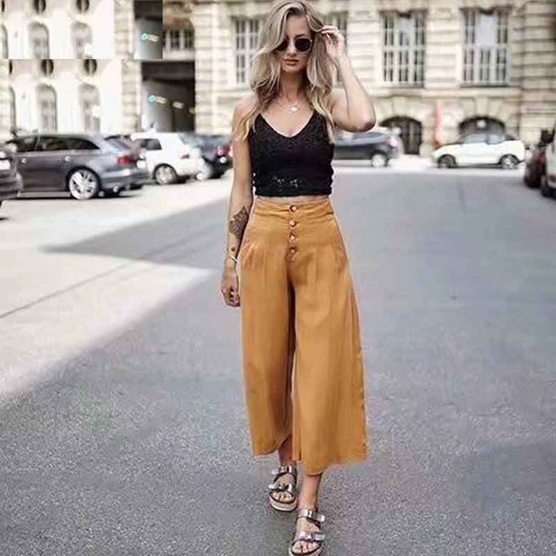 Holiday Boho Solid Button Loose Pleated Pants Mssza