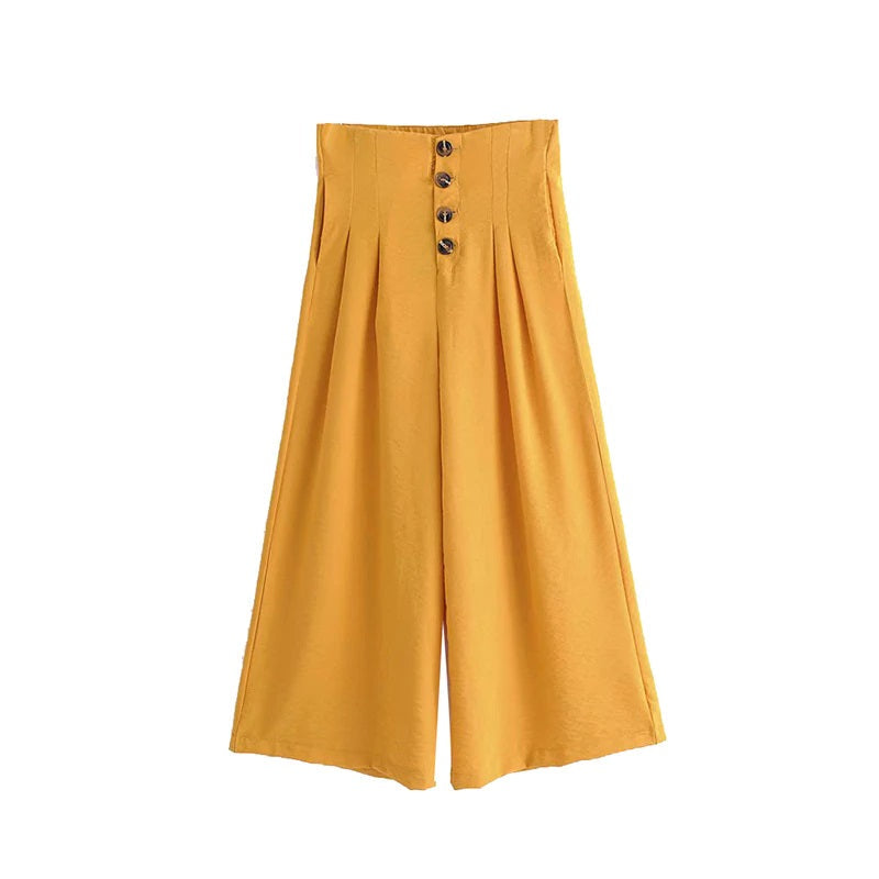 Holiday Boho Solid Button Loose Pleated Pants Mssza