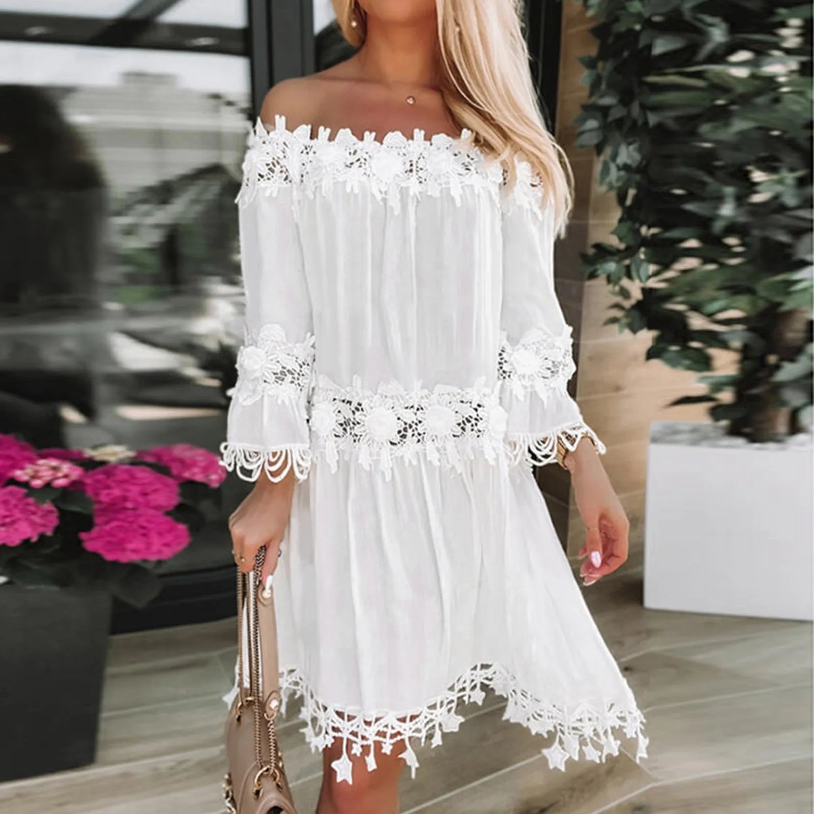 Holiday  Sundress Off Shoulder V Neck Short Sleeve Beach Boho Dress Mssaz Desses