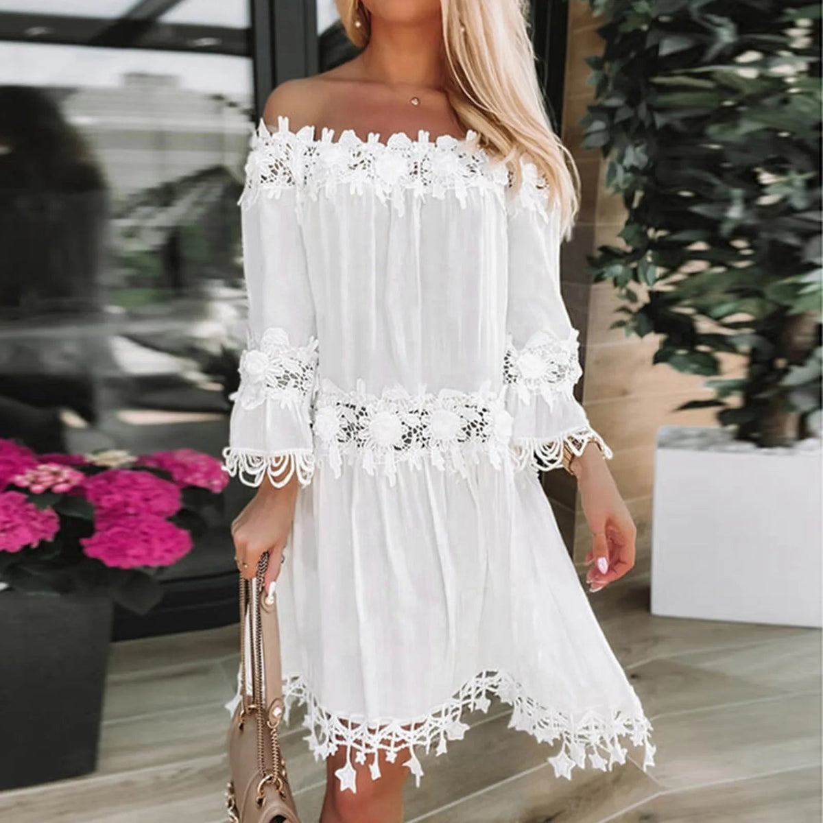 Holiday  Sundress Off Shoulder V Neck Short Sleeve Beach Boho Dress Mssaz Desses