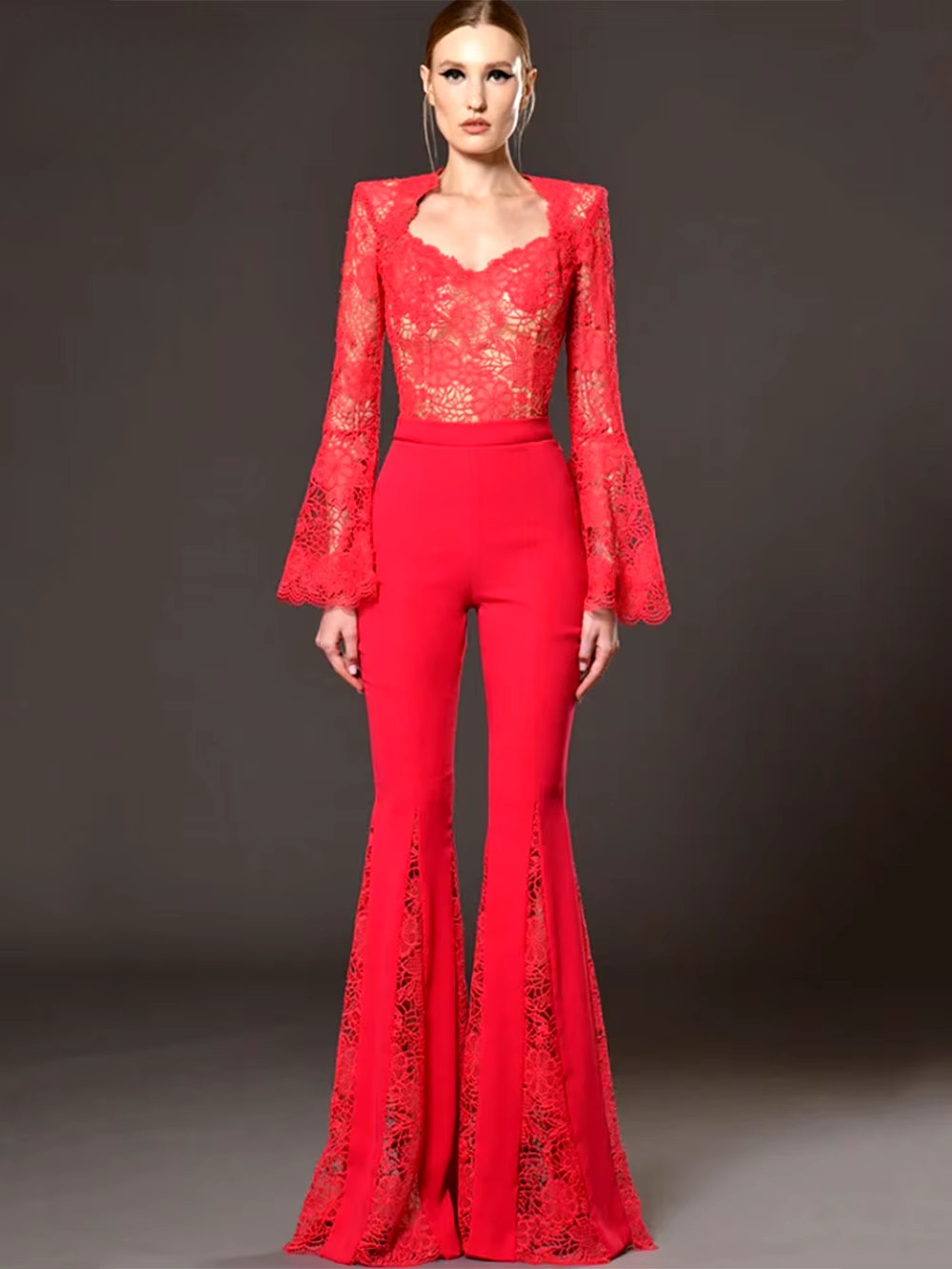 Hollow Embroidery Design V-Neck Long Sleeved Slim Fit Cocktail Party Jumpsuit Mssza