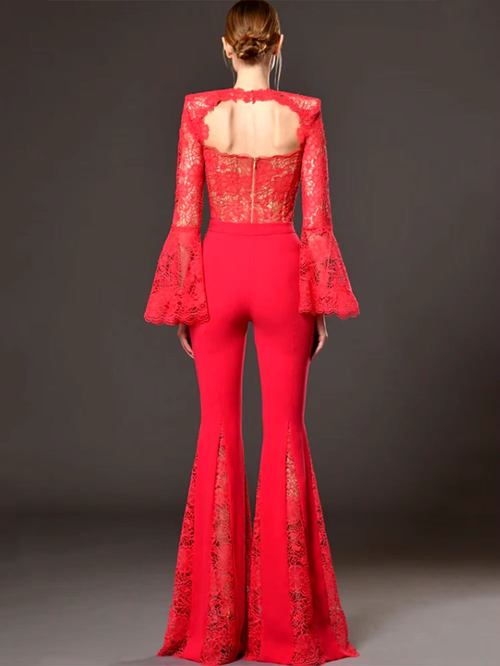 Hollow Embroidery Design V-Neck Long Sleeved Slim Fit Cocktail Party Jumpsuit Mssza