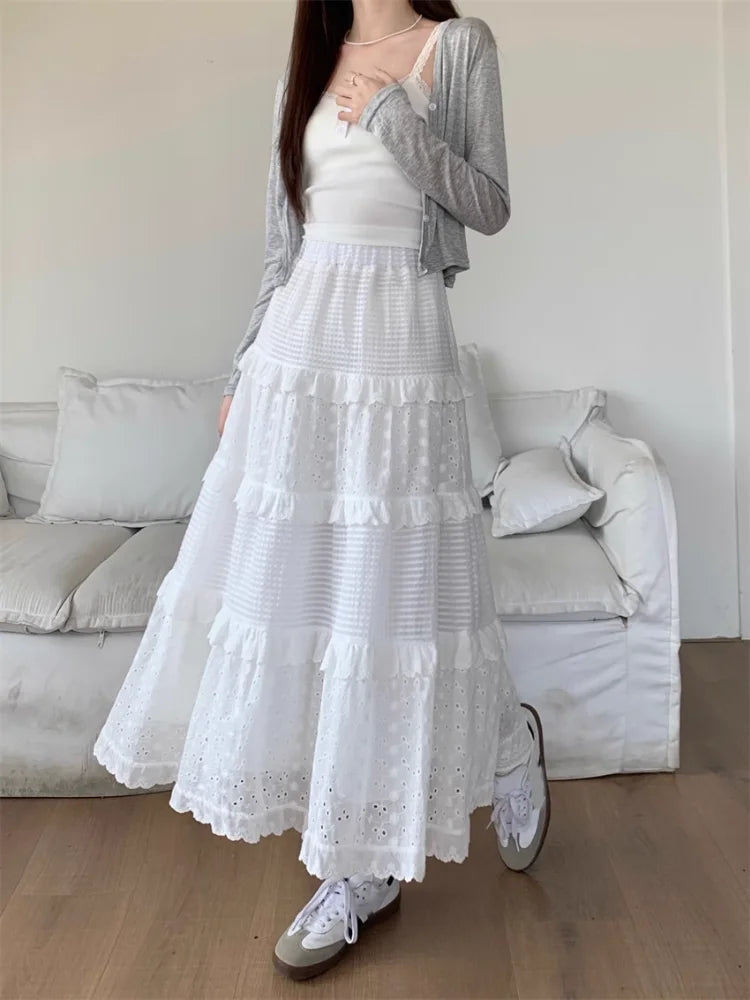 Hollow Long Cake Skirt  High Waist Lace Patchwork Ruffles A Line Sweet Ballet Midi Skirts Mssza