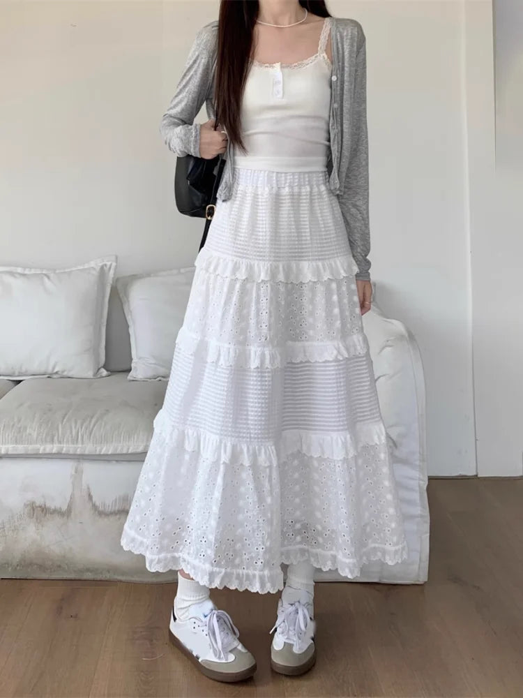 Hollow Long Cake Skirt  High Waist Lace Patchwork Ruffles A Line Sweet Ballet Midi Skirts Mssza