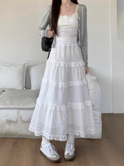 Hollow Long Cake Skirt  High Waist Lace Patchwork Ruffles A Line Sweet Ballet Midi Skirts Mssza