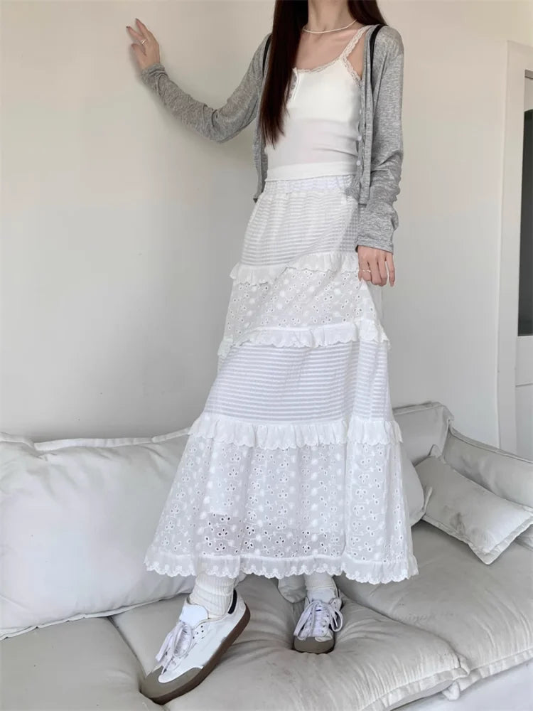 Hollow Long Cake Skirt  High Waist Lace Patchwork Ruffles A Line Sweet Ballet Midi Skirts Mssza