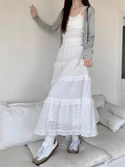 Hollow Long Cake Skirt  High Waist Lace Patchwork Ruffles A Line Sweet Ballet Midi Skirts Mssza