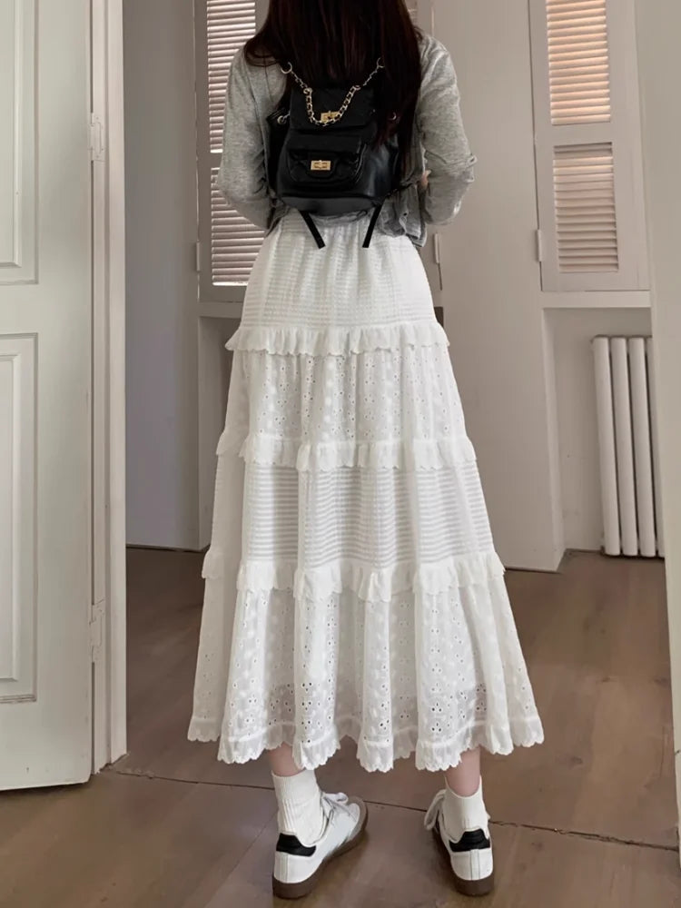 Hollow Long Cake Skirt  High Waist Lace Patchwork Ruffles A Line Sweet Ballet Midi Skirts Mssza