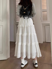 Hollow Long Cake Skirt  High Waist Lace Patchwork Ruffles A Line Sweet Ballet Midi Skirts Mssza