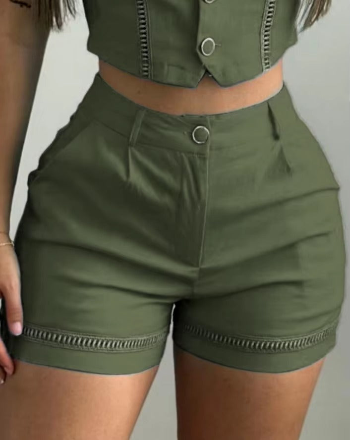 Hollow Out Buttoned V-Neck Sleeveless Crop Vest Top Casual Pocket Daily Shorts Two Piece Set Mssza