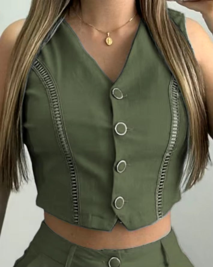 Hollow Out Buttoned V-Neck Sleeveless Crop Vest Top Casual Pocket Daily Shorts Two Piece Set Mssza