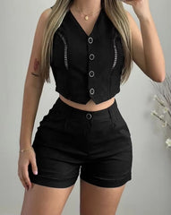 Hollow Out Buttoned V-Neck Sleeveless Crop Vest Top Casual Pocket Daily Shorts Two Piece Set Mssza