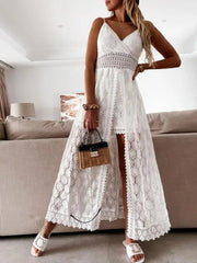 Hollow Out Floral Lace Sleeveless V Neck Sling Cover Up Beach Sundress Outfit Mssza