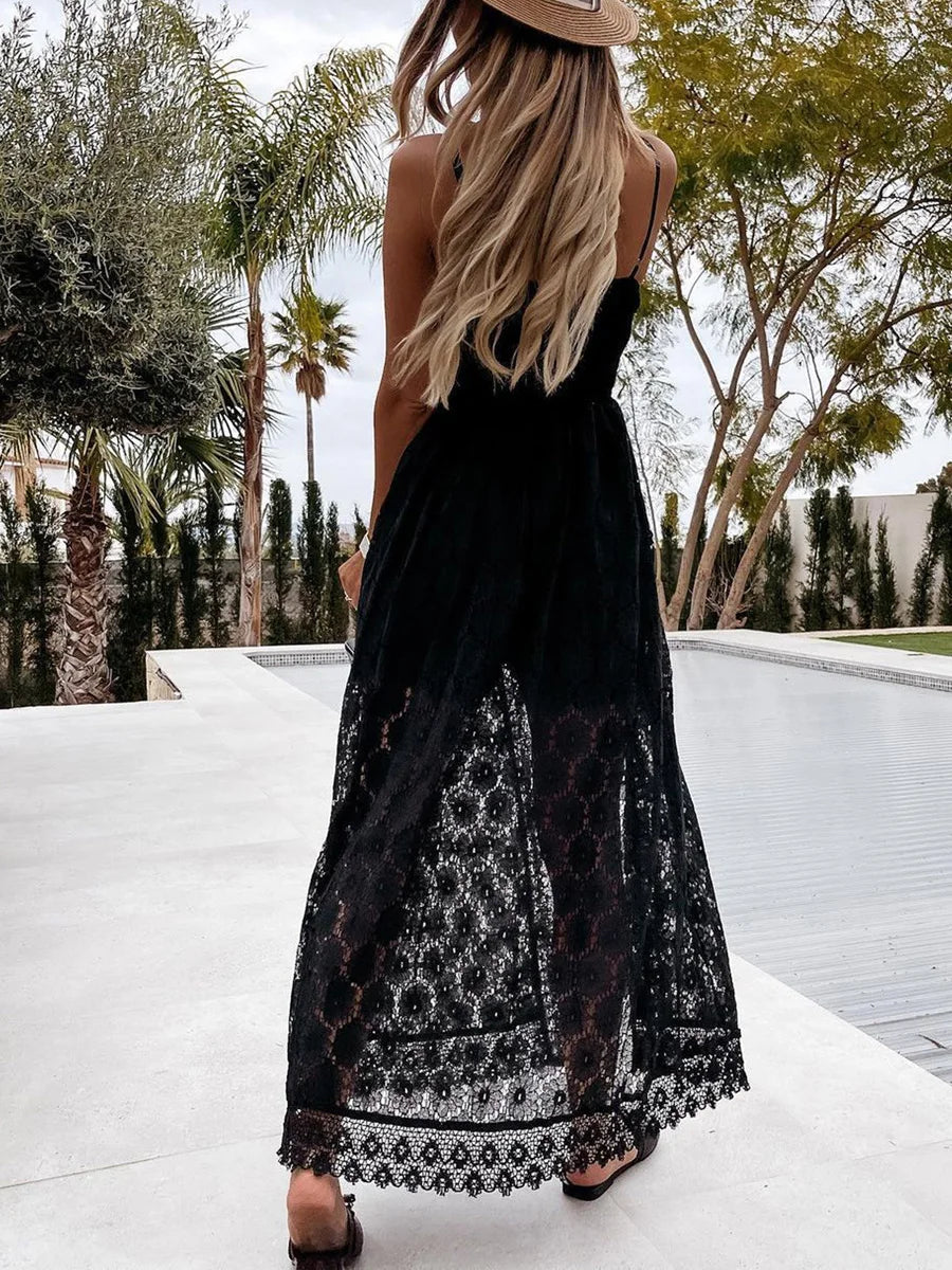 Hollow Out Floral Lace Sleeveless V Neck Sling Cover Up Beach Sundress Outfit Mssza