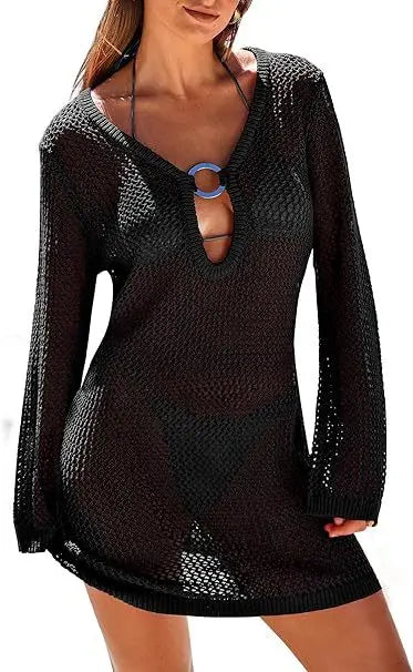 Hollow Out Knitted Beach Sheer Long Sleeve Slim  Holiday Party Mini Dress Mssaz Desses