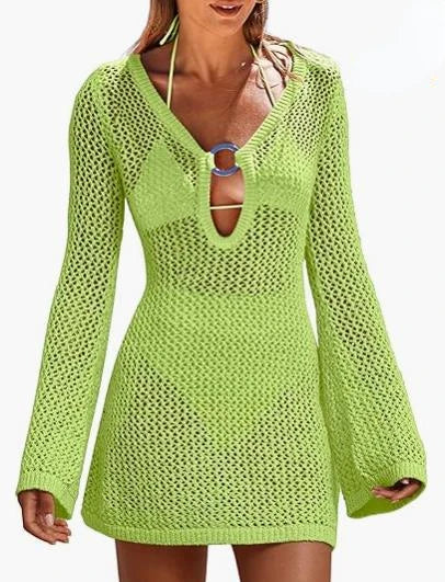Hollow Out Knitted Beach Sheer Long Sleeve Slim  Holiday Party Mini Dress Mssaz Desses
