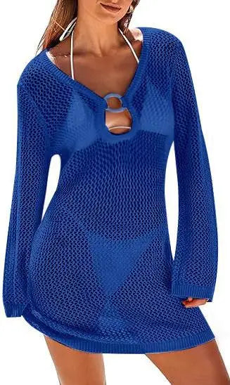 Hollow Out Knitted Beach Sheer Long Sleeve Slim  Holiday Party Mini Dress Mssaz Desses