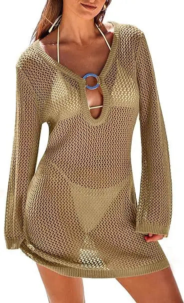 Hollow Out Knitted Beach Sheer Long Sleeve Slim  Holiday Party Mini Dress Mssaz Desses