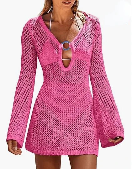 Hollow Out Knitted Beach Sheer Long Sleeve Slim  Holiday Party Mini Dress Mssaz Desses